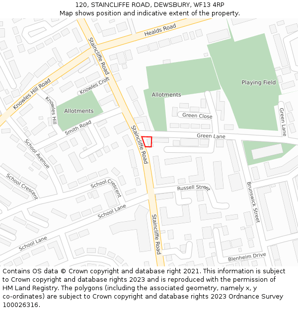 120, STAINCLIFFE ROAD, DEWSBURY, WF13 4RP: Location map and indicative extent of plot