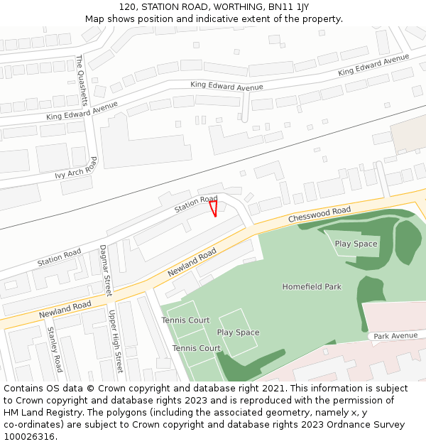 120, STATION ROAD, WORTHING, BN11 1JY: Location map and indicative extent of plot