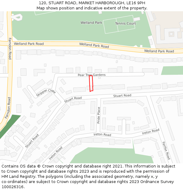 120, STUART ROAD, MARKET HARBOROUGH, LE16 9PH: Location map and indicative extent of plot