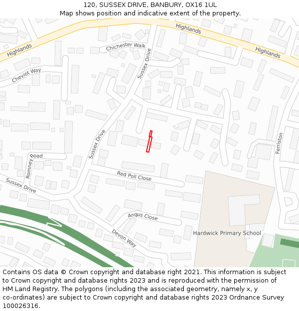 120, SUSSEX DRIVE, BANBURY, OX16 1UL: Location map and indicative extent of plot