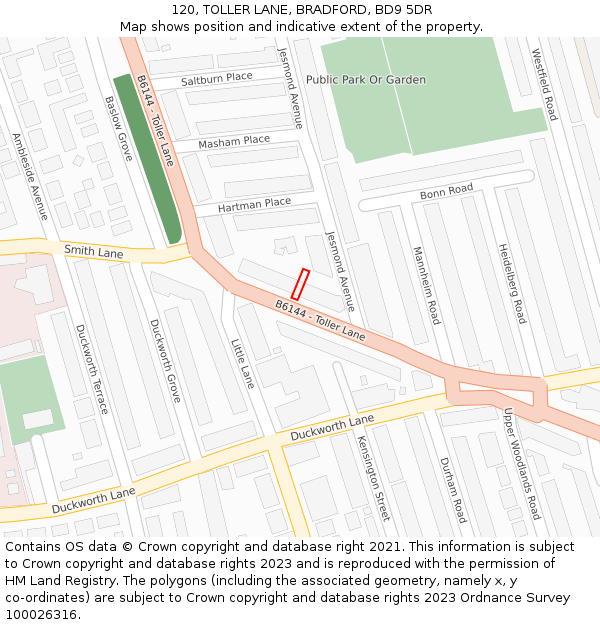 120, TOLLER LANE, BRADFORD, BD9 5DR: Location map and indicative extent of plot