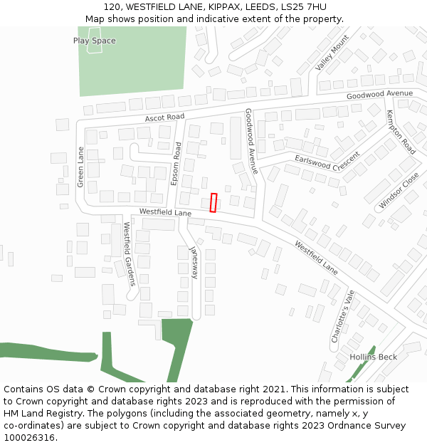 120, WESTFIELD LANE, KIPPAX, LEEDS, LS25 7HU: Location map and indicative extent of plot