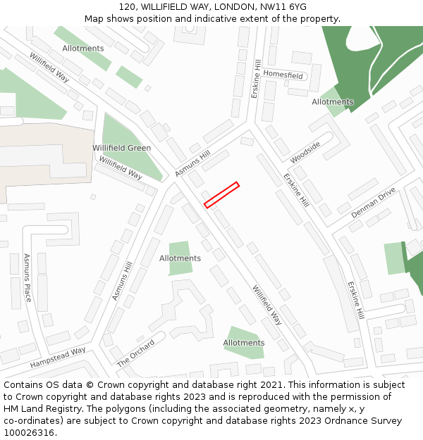 120, WILLIFIELD WAY, LONDON, NW11 6YG: Location map and indicative extent of plot