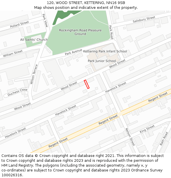 120, WOOD STREET, KETTERING, NN16 9SB: Location map and indicative extent of plot