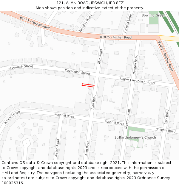 121, ALAN ROAD, IPSWICH, IP3 8EZ: Location map and indicative extent of plot