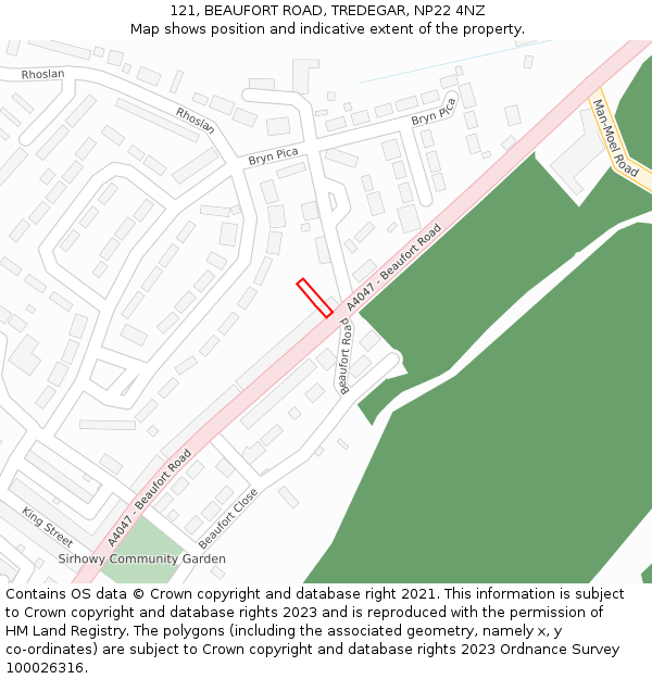 121, BEAUFORT ROAD, TREDEGAR, NP22 4NZ: Location map and indicative extent of plot