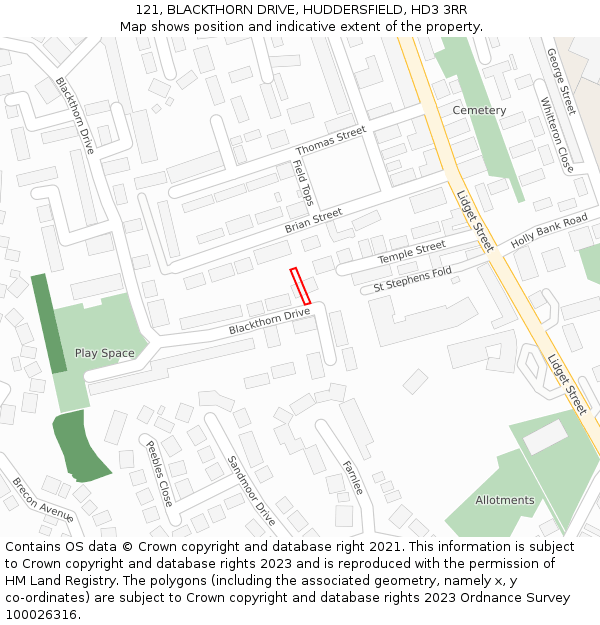 121, BLACKTHORN DRIVE, HUDDERSFIELD, HD3 3RR: Location map and indicative extent of plot