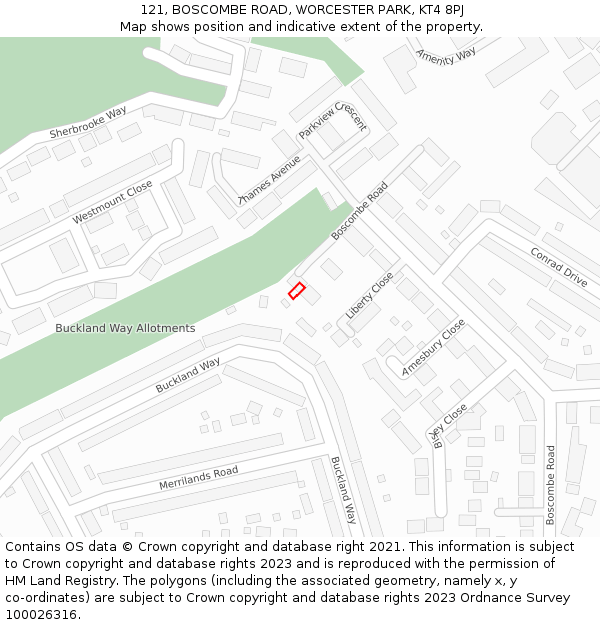 121, BOSCOMBE ROAD, WORCESTER PARK, KT4 8PJ: Location map and indicative extent of plot