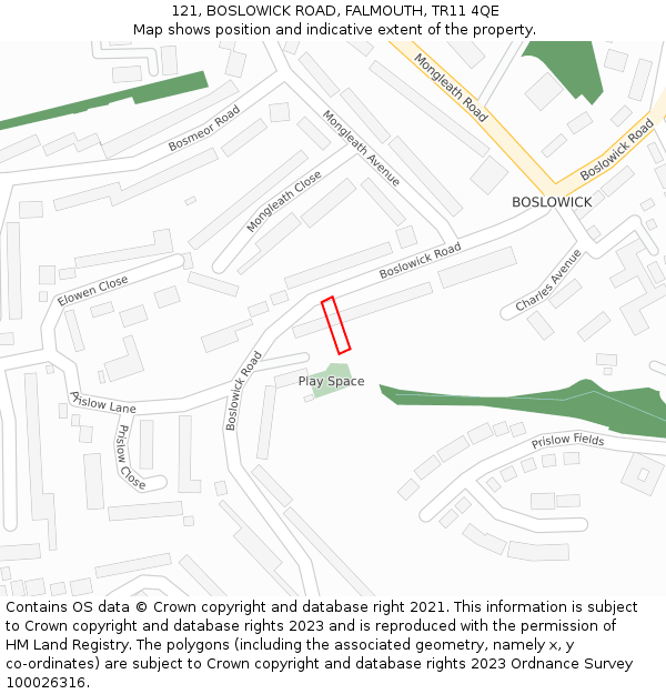121, BOSLOWICK ROAD, FALMOUTH, TR11 4QE: Location map and indicative extent of plot
