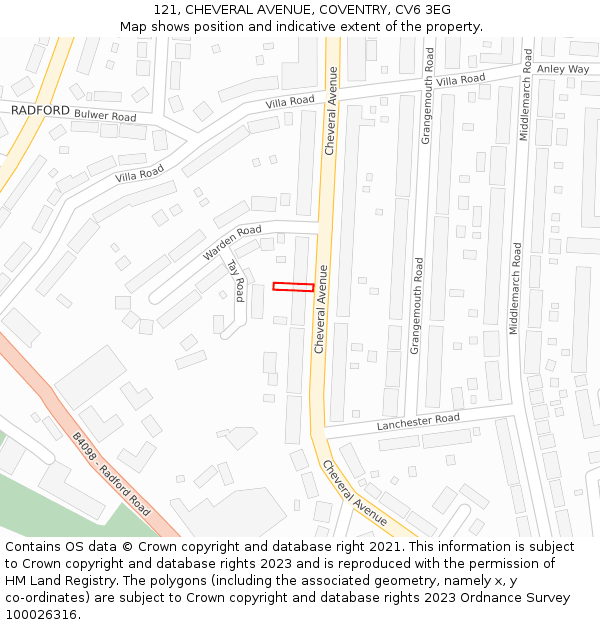 121, CHEVERAL AVENUE, COVENTRY, CV6 3EG: Location map and indicative extent of plot