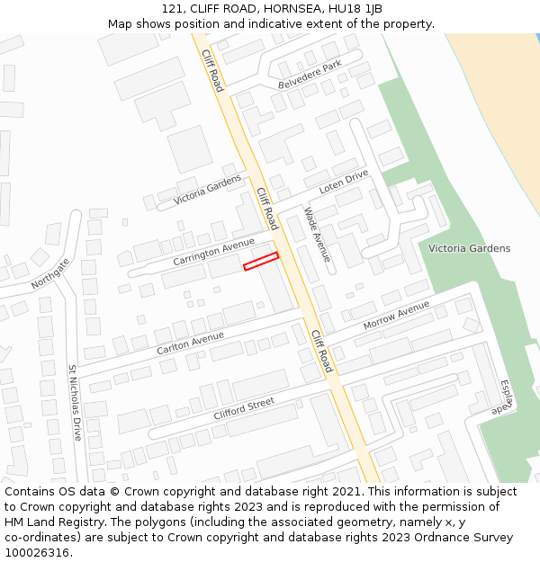 121, CLIFF ROAD, HORNSEA, HU18 1JB: Location map and indicative extent of plot