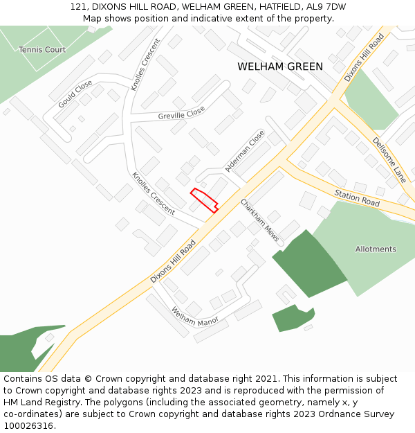121, DIXONS HILL ROAD, WELHAM GREEN, HATFIELD, AL9 7DW: Location map and indicative extent of plot