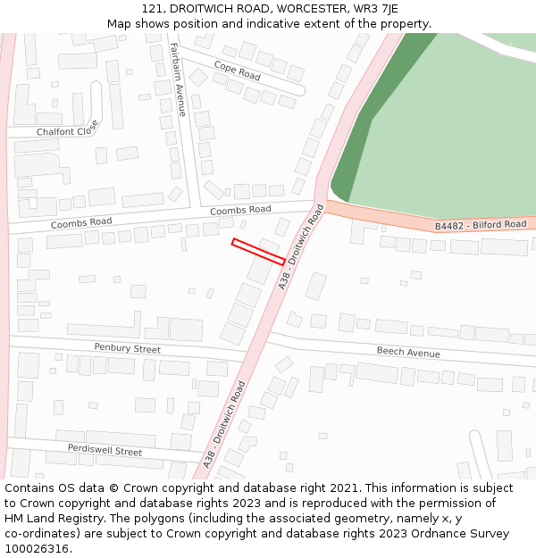 121, DROITWICH ROAD, WORCESTER, WR3 7JE: Location map and indicative extent of plot