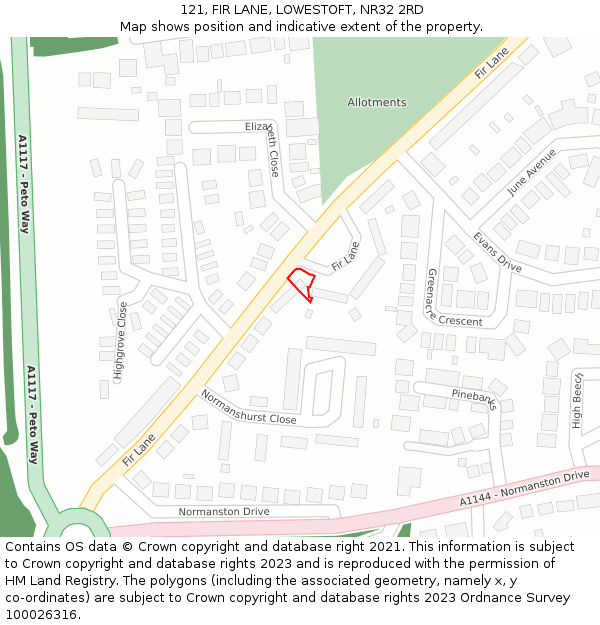 121, FIR LANE, LOWESTOFT, NR32 2RD: Location map and indicative extent of plot