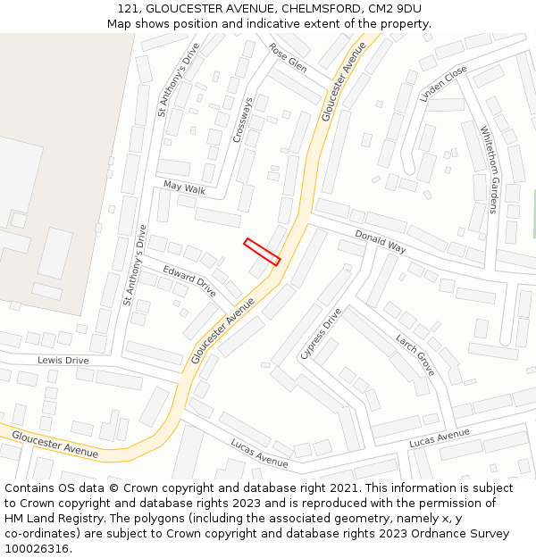 121, GLOUCESTER AVENUE, CHELMSFORD, CM2 9DU: Location map and indicative extent of plot