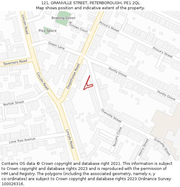 121, GRANVILLE STREET, PETERBOROUGH, PE1 2QL: Location map and indicative extent of plot