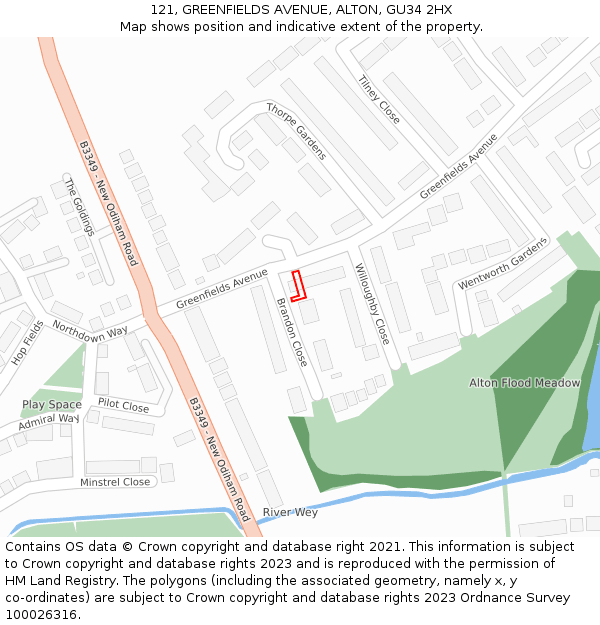 121, GREENFIELDS AVENUE, ALTON, GU34 2HX: Location map and indicative extent of plot