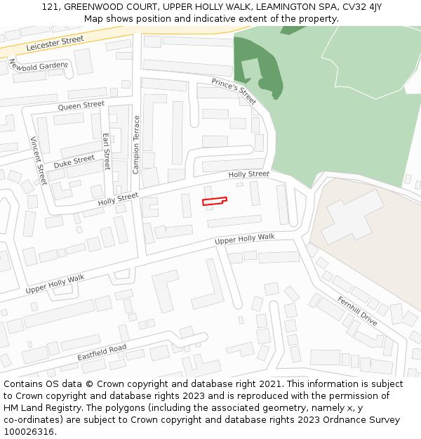 121, GREENWOOD COURT, UPPER HOLLY WALK, LEAMINGTON SPA, CV32 4JY: Location map and indicative extent of plot