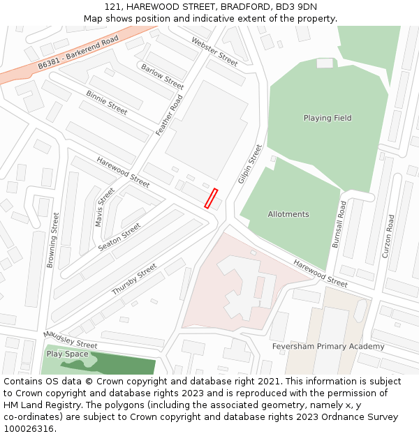121, HAREWOOD STREET, BRADFORD, BD3 9DN: Location map and indicative extent of plot