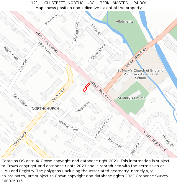 121, HIGH STREET, NORTHCHURCH, BERKHAMSTED, HP4 3QL: Location map and indicative extent of plot