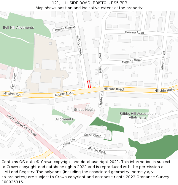 121, HILLSIDE ROAD, BRISTOL, BS5 7PB: Location map and indicative extent of plot