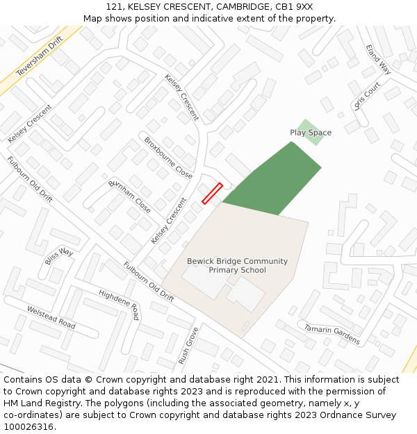 121, KELSEY CRESCENT, CAMBRIDGE, CB1 9XX: Location map and indicative extent of plot
