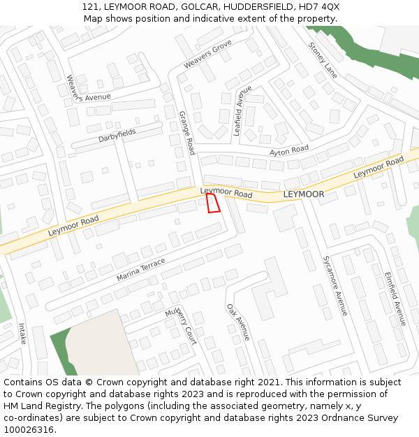 121, LEYMOOR ROAD, GOLCAR, HUDDERSFIELD, HD7 4QX: Location map and indicative extent of plot