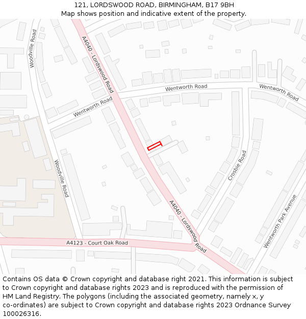 121, LORDSWOOD ROAD, BIRMINGHAM, B17 9BH: Location map and indicative extent of plot