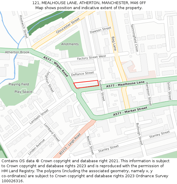 121, MEALHOUSE LANE, ATHERTON, MANCHESTER, M46 0FF: Location map and indicative extent of plot