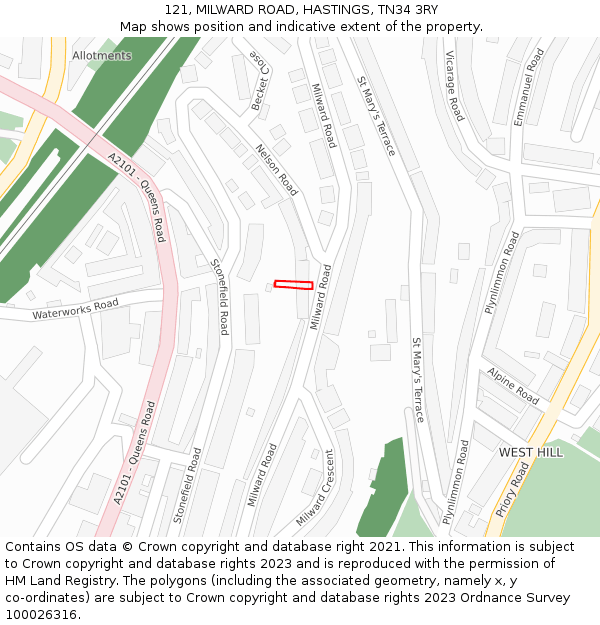 121, MILWARD ROAD, HASTINGS, TN34 3RY: Location map and indicative extent of plot