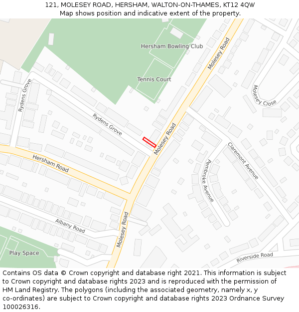 121, MOLESEY ROAD, HERSHAM, WALTON-ON-THAMES, KT12 4QW: Location map and indicative extent of plot