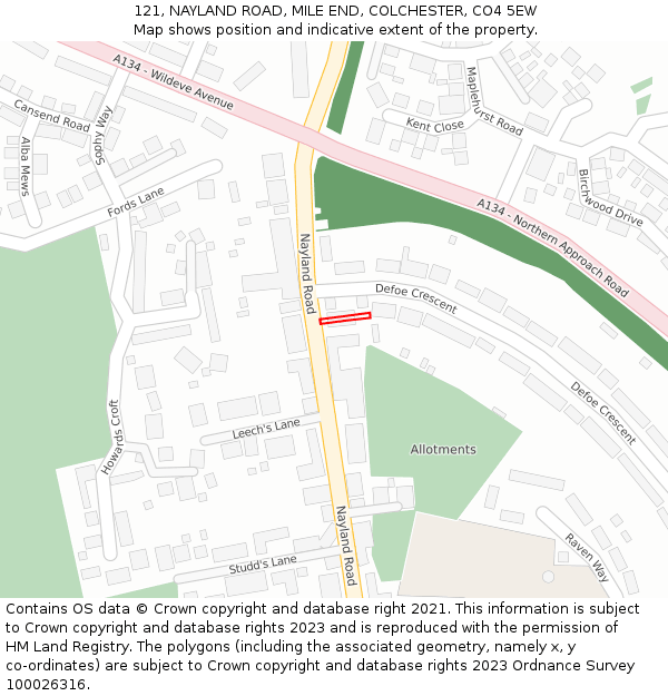 121, NAYLAND ROAD, MILE END, COLCHESTER, CO4 5EW: Location map and indicative extent of plot