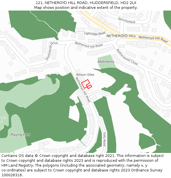 121, NETHEROYD HILL ROAD, HUDDERSFIELD, HD2 2LX: Location map and indicative extent of plot
