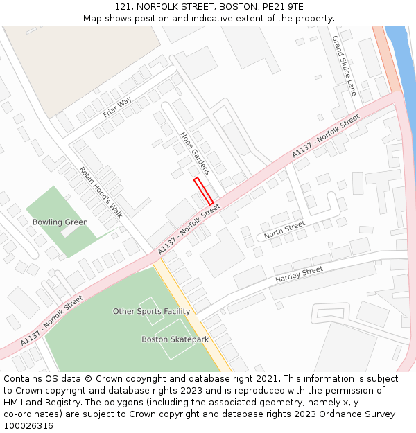 121, NORFOLK STREET, BOSTON, PE21 9TE: Location map and indicative extent of plot