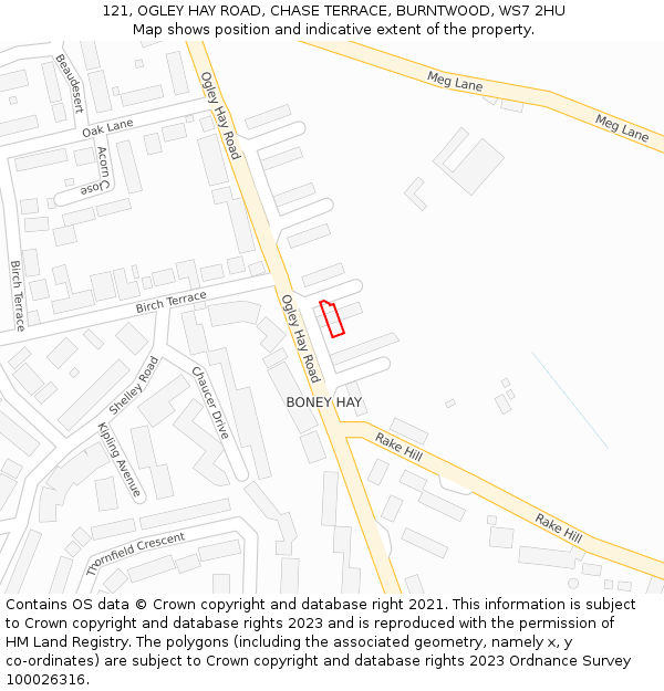 121, OGLEY HAY ROAD, CHASE TERRACE, BURNTWOOD, WS7 2HU: Location map and indicative extent of plot