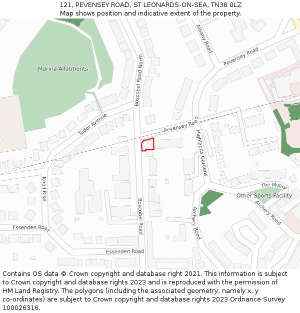 121, PEVENSEY ROAD, ST LEONARDS-ON-SEA, TN38 0LZ: Location map and indicative extent of plot