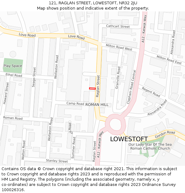 121, RAGLAN STREET, LOWESTOFT, NR32 2JU: Location map and indicative extent of plot