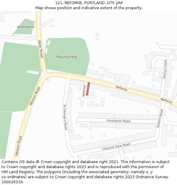 121, REFORNE, PORTLAND, DT5 2AP: Location map and indicative extent of plot