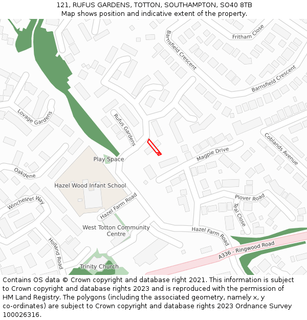 121, RUFUS GARDENS, TOTTON, SOUTHAMPTON, SO40 8TB: Location map and indicative extent of plot