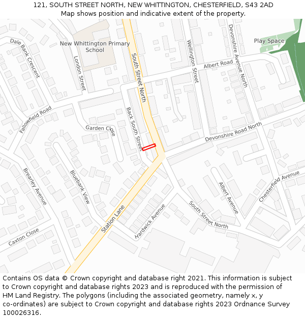 121, SOUTH STREET NORTH, NEW WHITTINGTON, CHESTERFIELD, S43 2AD: Location map and indicative extent of plot