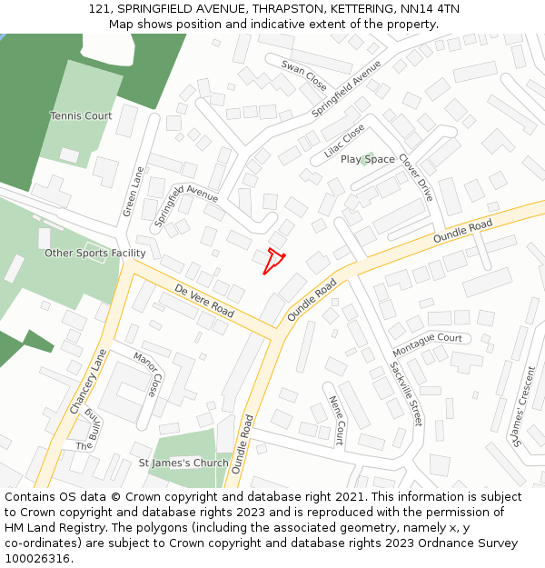 121, SPRINGFIELD AVENUE, THRAPSTON, KETTERING, NN14 4TN: Location map and indicative extent of plot