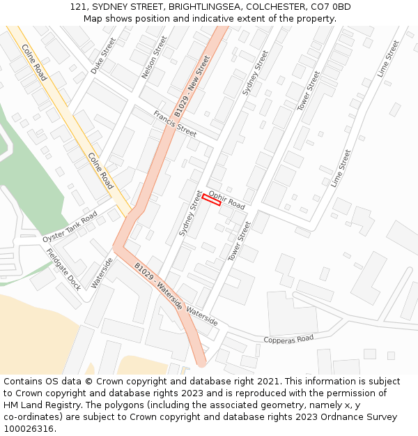 121, SYDNEY STREET, BRIGHTLINGSEA, COLCHESTER, CO7 0BD: Location map and indicative extent of plot