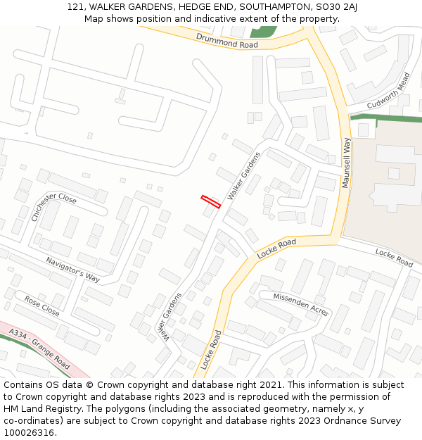 121, WALKER GARDENS, HEDGE END, SOUTHAMPTON, SO30 2AJ: Location map and indicative extent of plot