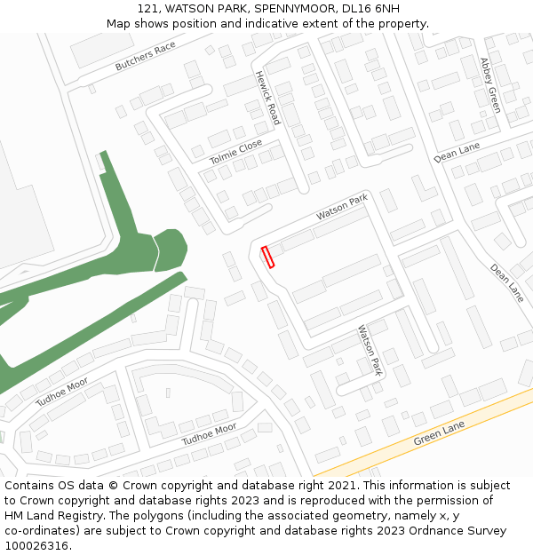 121, WATSON PARK, SPENNYMOOR, DL16 6NH: Location map and indicative extent of plot