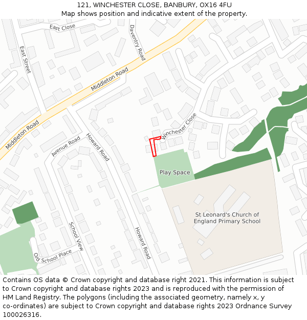 121, WINCHESTER CLOSE, BANBURY, OX16 4FU: Location map and indicative extent of plot
