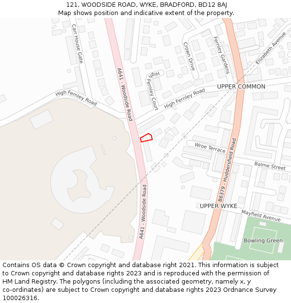 121, WOODSIDE ROAD, WYKE, BRADFORD, BD12 8AJ: Location map and indicative extent of plot
