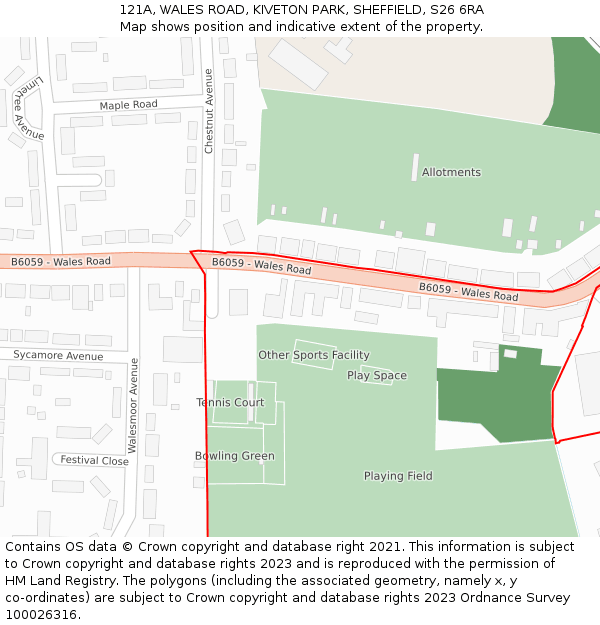 121A, WALES ROAD, KIVETON PARK, SHEFFIELD, S26 6RA: Location map and indicative extent of plot