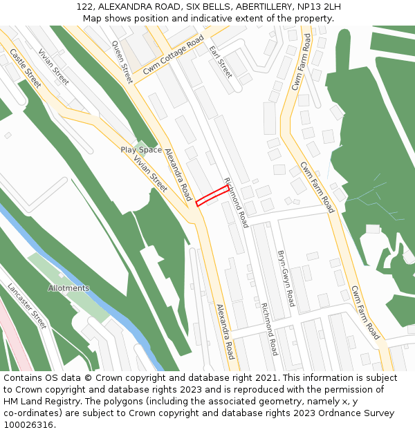 122, ALEXANDRA ROAD, SIX BELLS, ABERTILLERY, NP13 2LH: Location map and indicative extent of plot