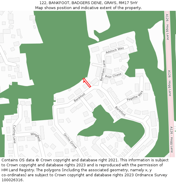 122, BANKFOOT, BADGERS DENE, GRAYS, RM17 5HY: Location map and indicative extent of plot