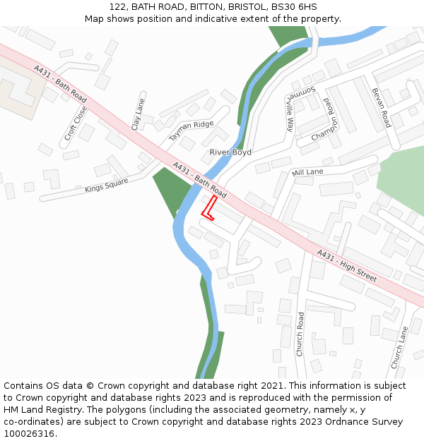 122, BATH ROAD, BITTON, BRISTOL, BS30 6HS: Location map and indicative extent of plot